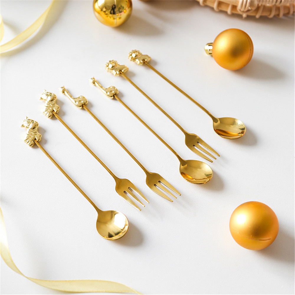 4/6Pcs Vork Lepel Met Box Rvs Animal Shap Koffie Lepel Ijs Soep Suiker Dessert fruit Vork Mengen Roerder: 6pcs Gold