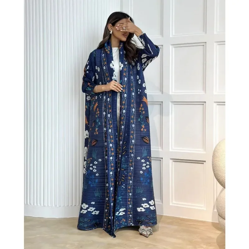 KAF Plissee Frauen Graben Mantel Jahrgang Gedruckt Strickjacke verlieren Plus Größe Frauen Lange Kleid Dubai Weibliche Luxus Abaya 2024