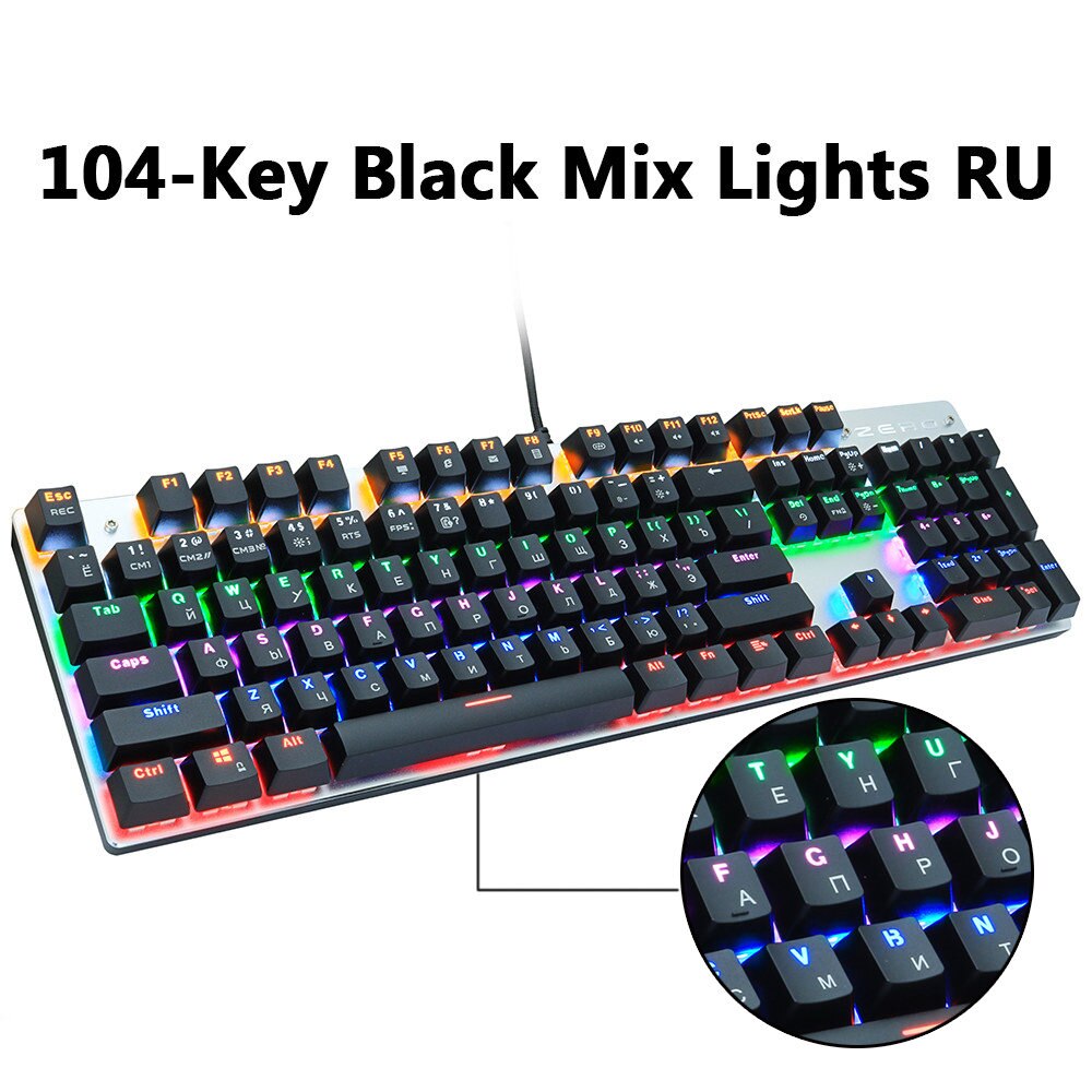 Wired Gaming Mechanical Keyboard Blue Red Switch 87/104keys Anti-ghosting Russian/US LED Backlit LED For Gamer Laptop Computer: 104black MIX lightRU / Red switch