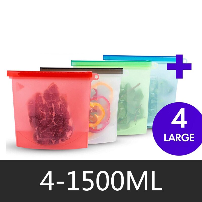 1000ml 1500ml silikone opbevaringspose genanvendelige silikone madopbevaringsposer til madforsegling ziplock fryser madlavning friske poser: 4-1500ml