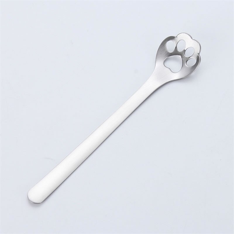 Obr rostfritt stål tecknad kattsked söt kattklo kaffesked långt handtag ihålig dessertsked omrörande tesked bestick: Silver -a02