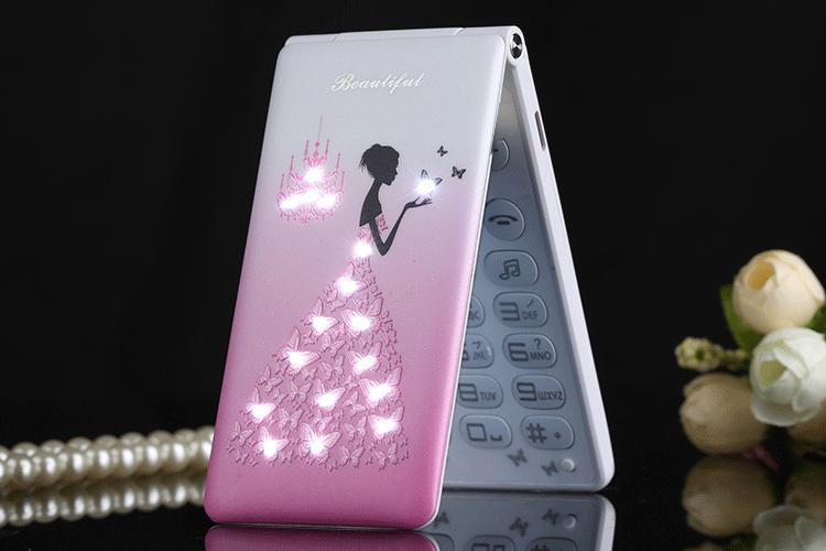 D11 flower Flip Mobile Phone With Dual SIM Card Cartoon Breath Light Camera Voiceking Women Girls MP3 Cute 2.4 Inch CellPhone
