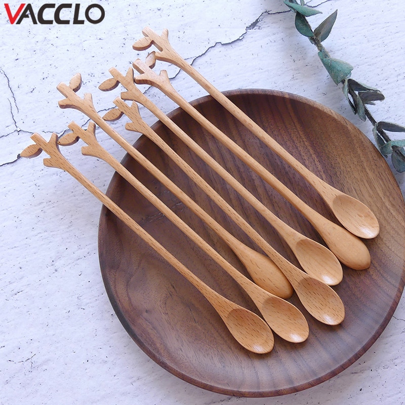 Vacclo-cuchara de madera con mango de árbol, utensilio de cocina, cuchara mezcladora de eucalipto, cuchara de café, cuchara esbelta de mango de madera, 1 unidad