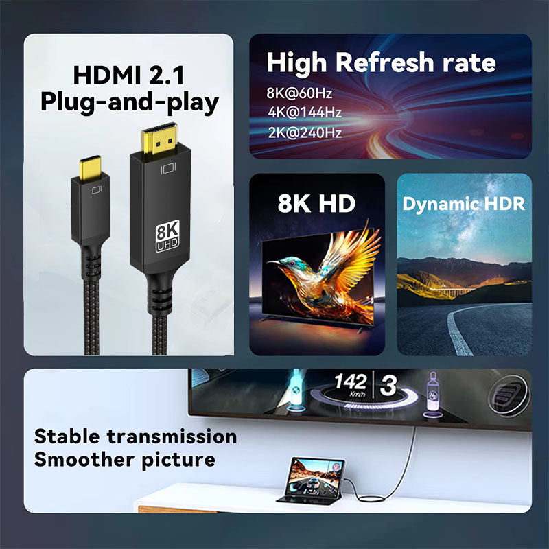 USB C to HDMI Cable 8K@60Hz 4K@120Hz Type C to HDMI-Compatible HDTV Cable for TV Converter MacBook Air iPad USB-C HDMI Adapter