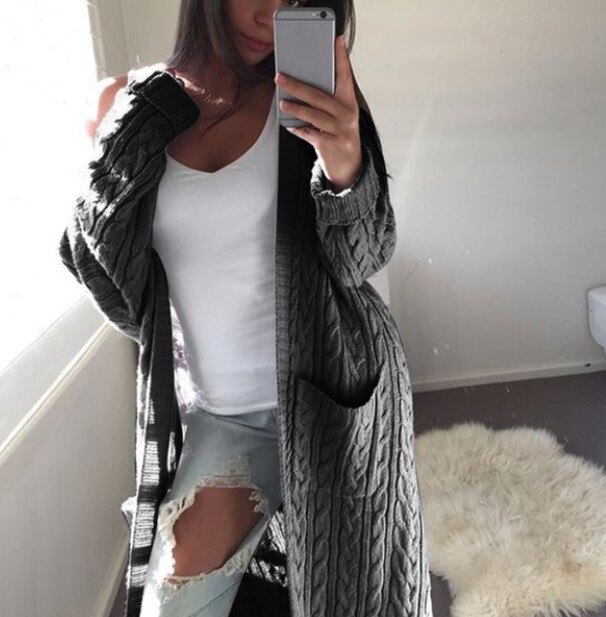 dame lang cardigan genser topp langermet løs strikket cardigan genser dame strikket dame cardigan femme: Svart