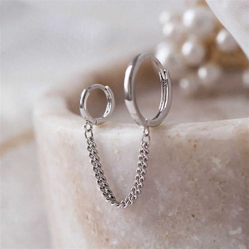1Pcs Rvs Dubbele Oor Gat Link Chain Hoop Earring Voor Vrouwen Oor Sieraden Accessoires Cadeau