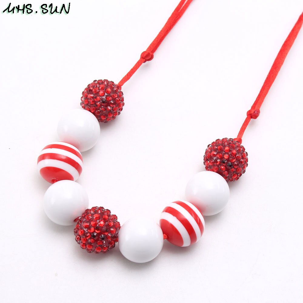 MHS. ZON rood + wit chunky bubblegum ketting mode meisjes strass kralen ketting kids verstelbare touw sieraden voor party