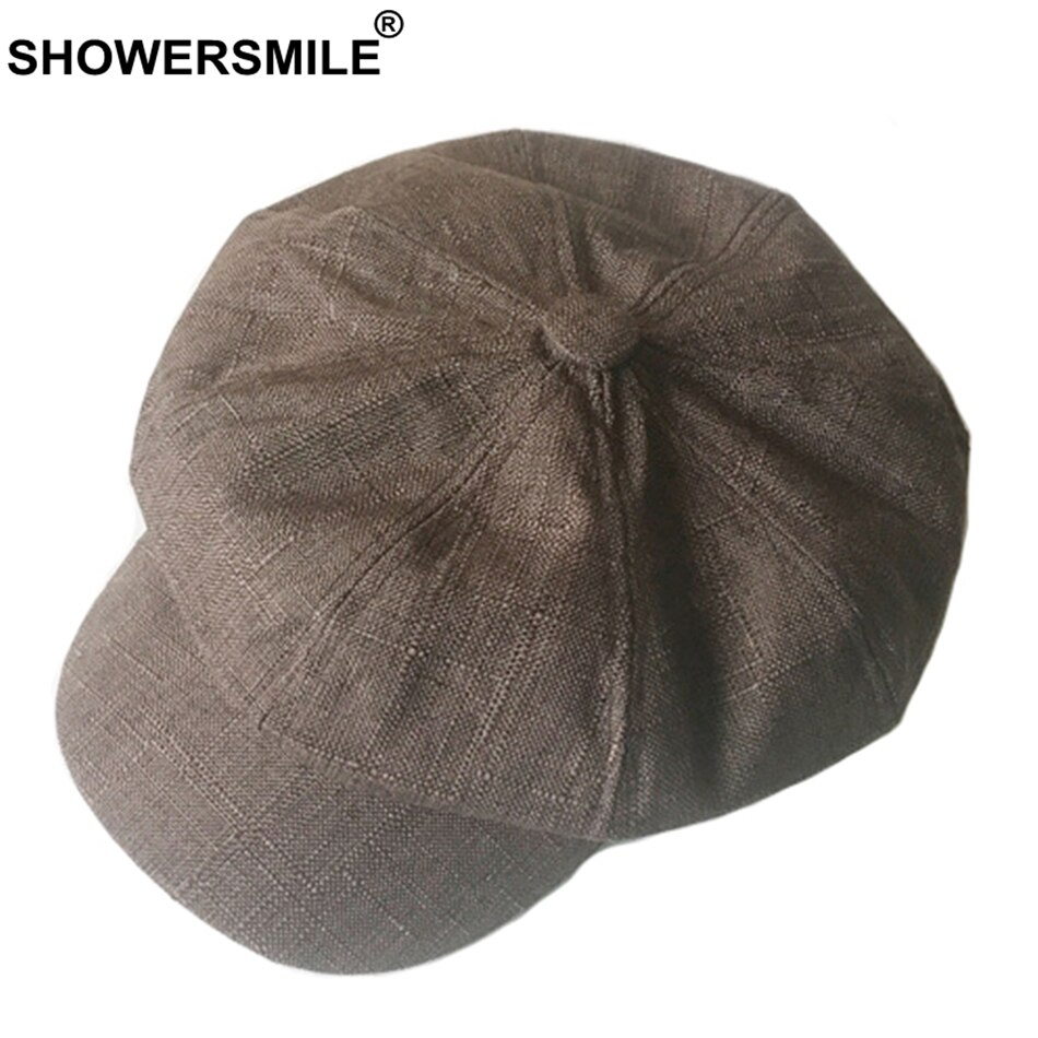 Showersmile linned nyhedsdreng hue kvinder solid vintage ottekantet hue mænd britisk stil maler hat grå khaki efterår hætter og hatte
