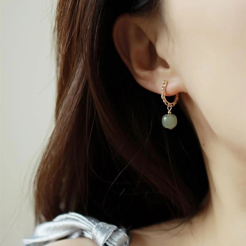 VENTFILLE-pendientes de Jade Hetian de Color dorado para mujer, joyería redonda verde, para niñas, ,: Granate