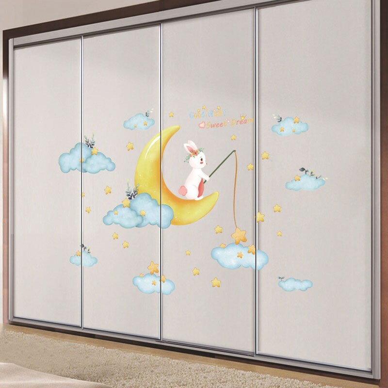 Diy tegneserie låve vegg klistremerke hjem rom dekorasjon blinkende stjerner kanin månehval baby soverom dekor avtakbar pvc tapet: Kaninmåne