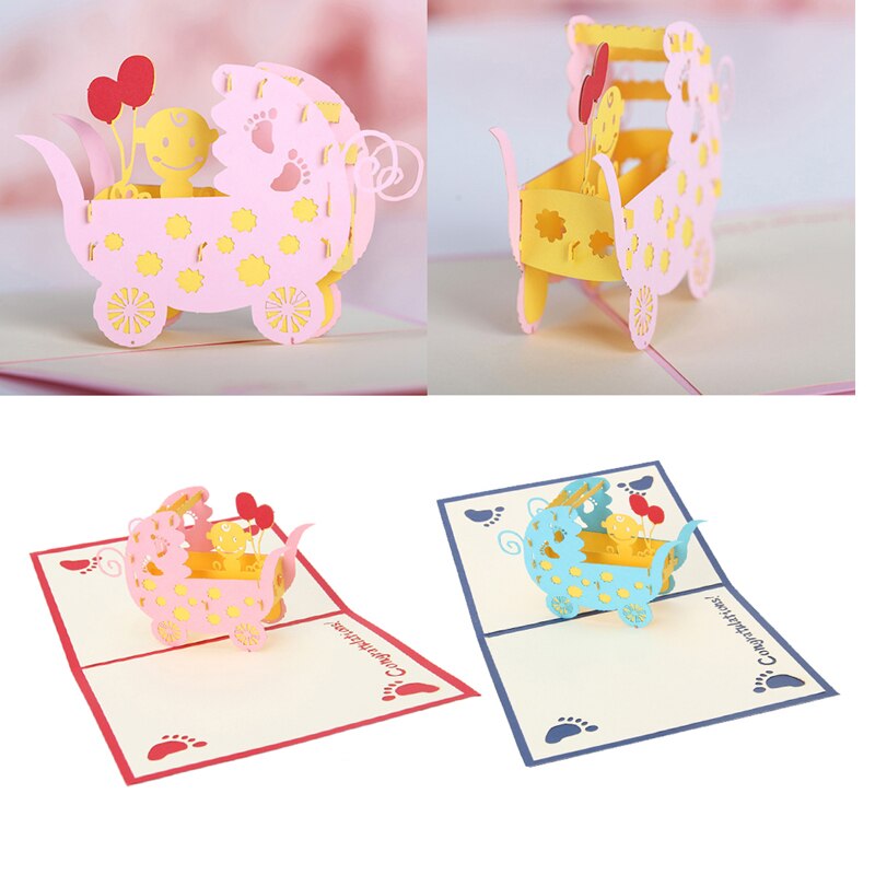 3D Baby CarriagesGreeting Card Pop Up Paper Cut Postcard Birthday Party