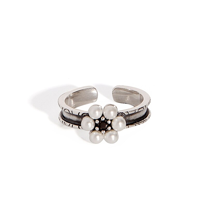 AOMU 1PC Women Vintage Drip Glaze Metal Imitation Pearl Flower Open Rings for Women Party Wedding Jewelry