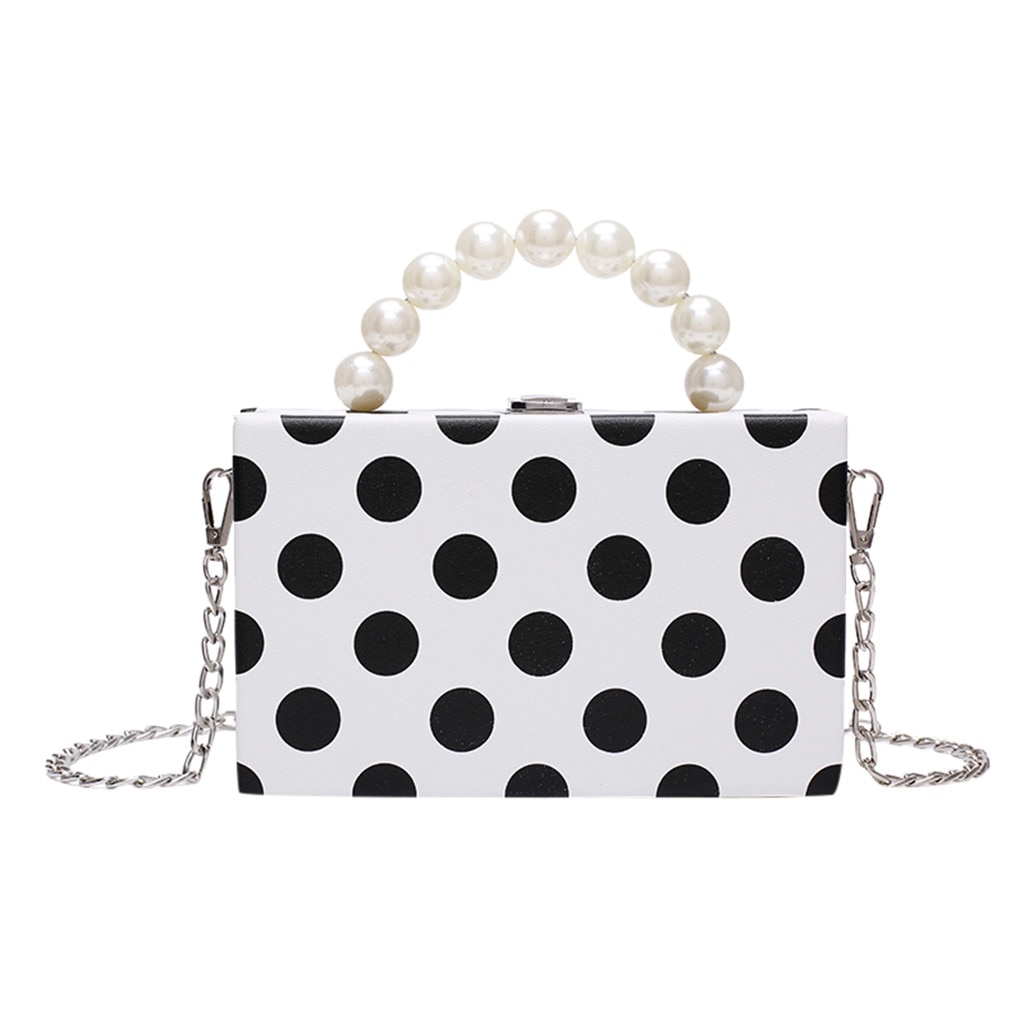 Sacs à main pour femmes, sacoche à pois à perles, petite sacoche carrée, sacoche à épaule avec chaîne, # L10: WHITE