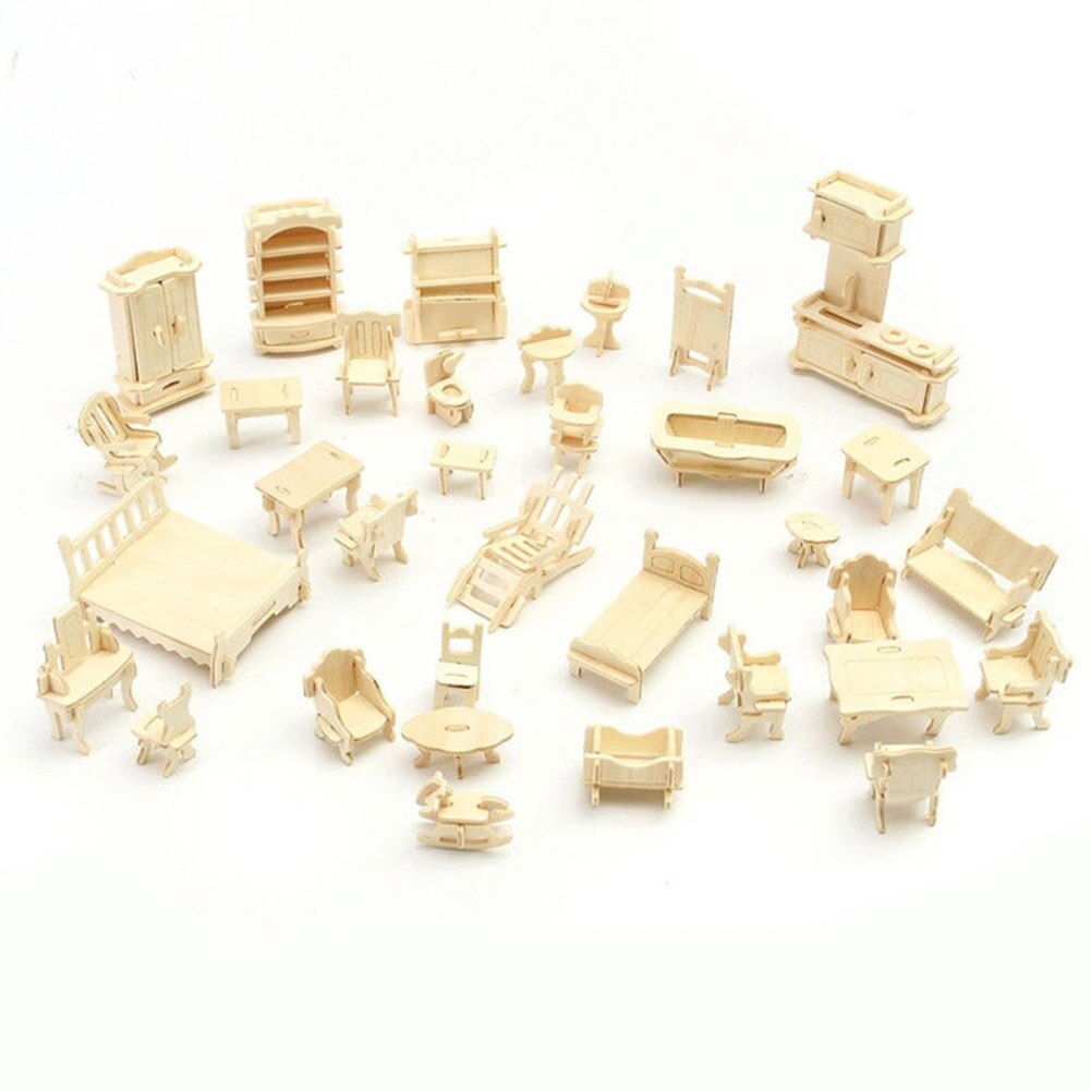 34 stks/set 3D Houten Miniatuur Puzzel Poppenhuis Meubels Model Mini Puzzel Speelgoed voor Kinderen M09: Default Title