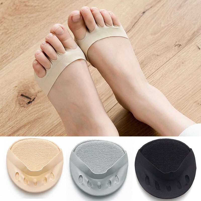Women Five Toe Socks Sponge Anti-Slip Lining Open Toe Heelless Liner Sock Invisible Forefoot Cushion Foot Pad Cotton Socks