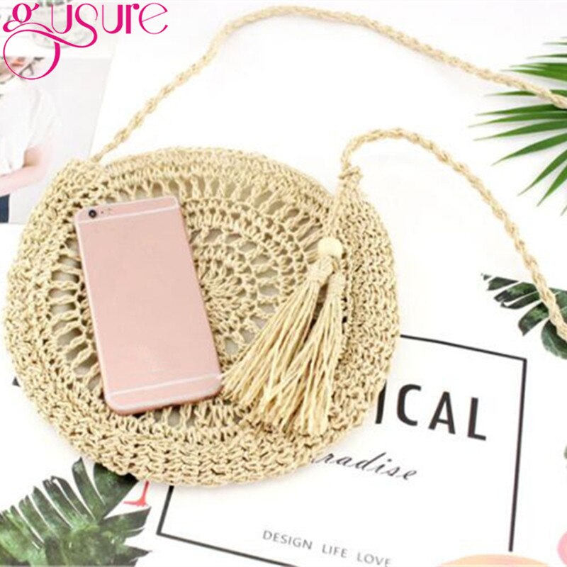 Gusure Rotan Hollow Geweven Ronde Vrouwen Stro Crossbody Tas Gebreide Zomer Strand Kwastje Handtas Vrouwelijke Kleine Schouder Tas