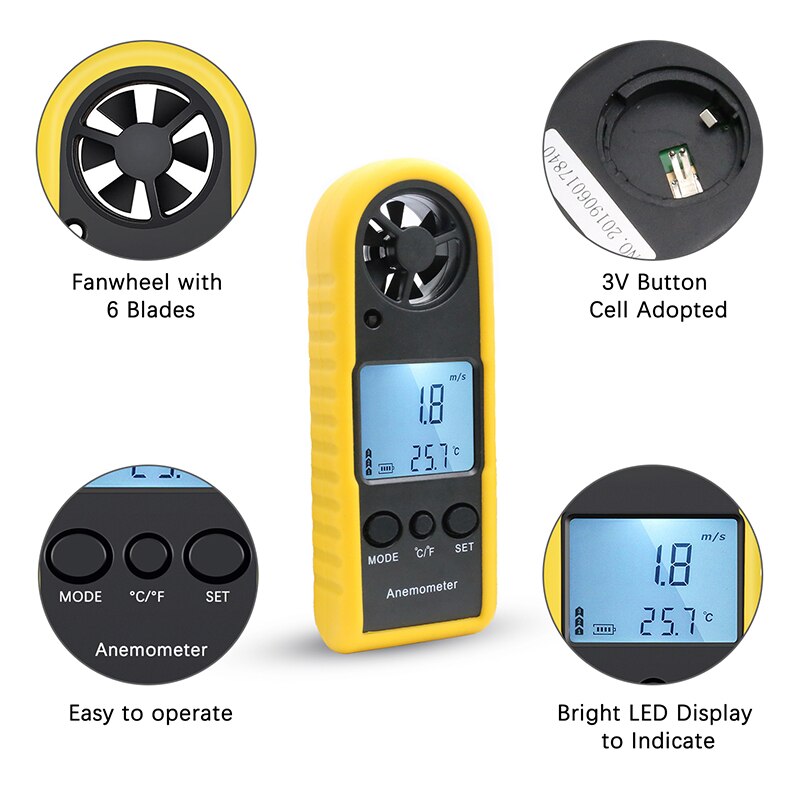 Handheld Anemometer Portable Wind Speed Meter Meter Wind Gauges Air Flow Thermometer with LCD Backlight