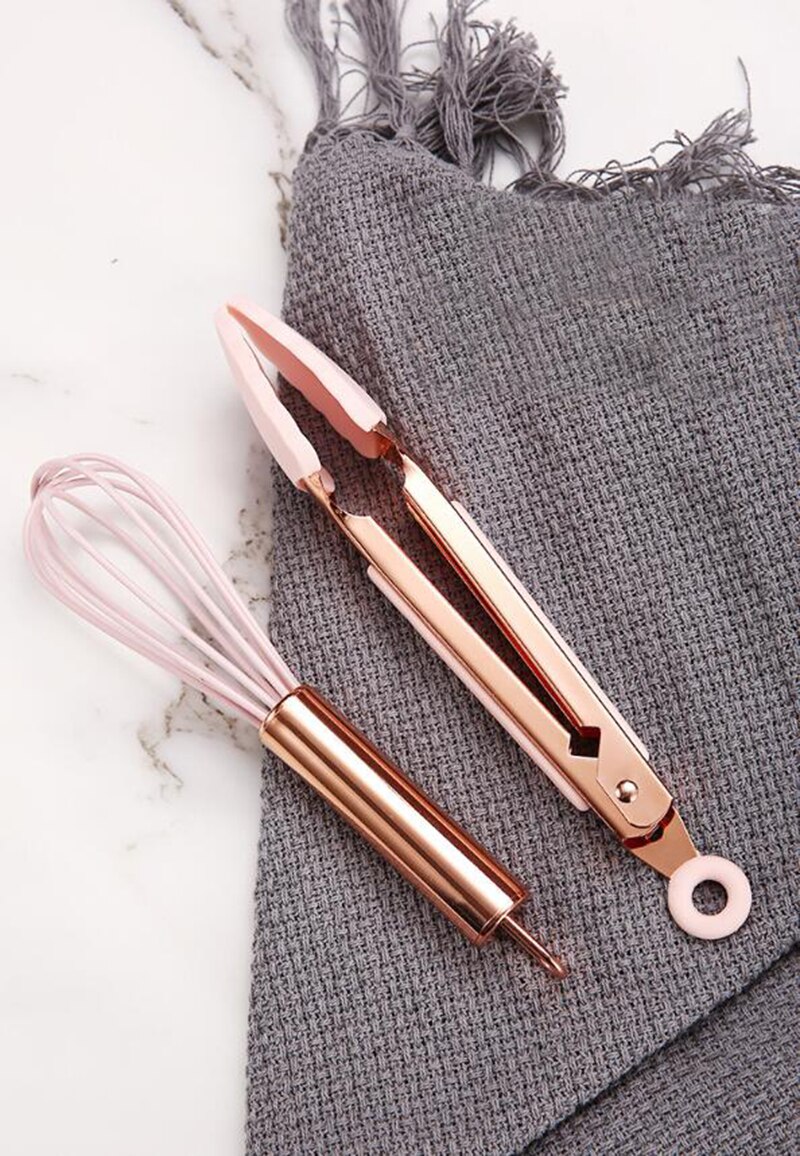 Rose gold handle,Silicone Cooking Utensil Set of 5, Nonstick Cooking tool,Slotted Turner,Spoonula,Spatula,Whisk With Storage Box