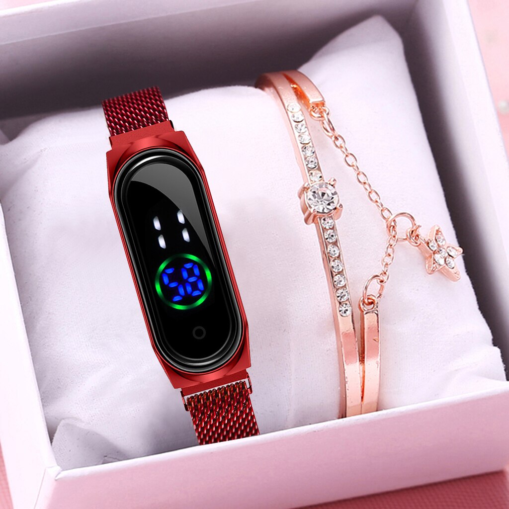 Women Rectangle Touch Screen LED Watches Magnetic Mesh Belt Electronic Clock Digital Wristwatches Bracelet Set Relogio Feminino