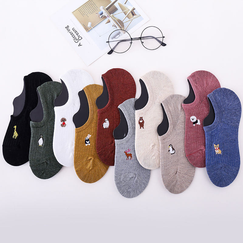5 pares de 10 piezas calcetines de de primavera calcetines de algodón con bordado de animales de dibujos animados para mujer calcetines tobilleros divertidos deportivos informales