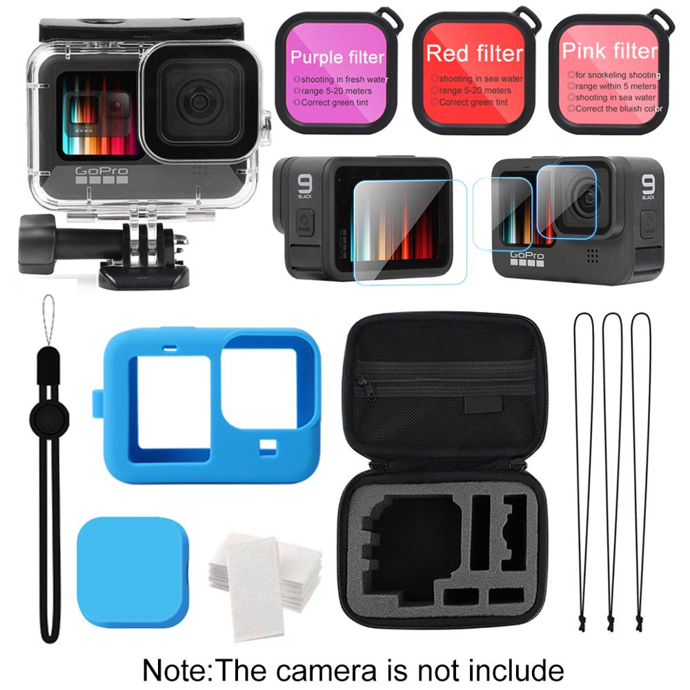 Juego de accesorios para Gopro hero 9, funda de EVA, película templada, carcasa impermeable, Protector de silicona con filtro rojo: Color azul