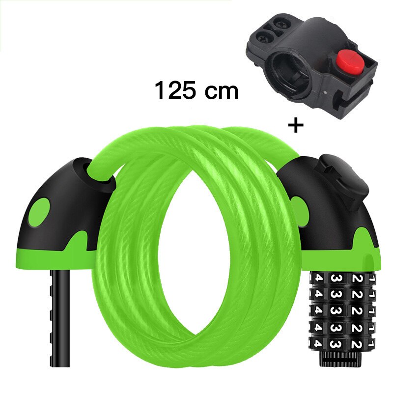 Mountainbike lås 5 cifret kode kombination sikkerhed elektrisk kabellås tyverisikring cykel cykellåse cykeltilbehør: Grøn  (125cm)