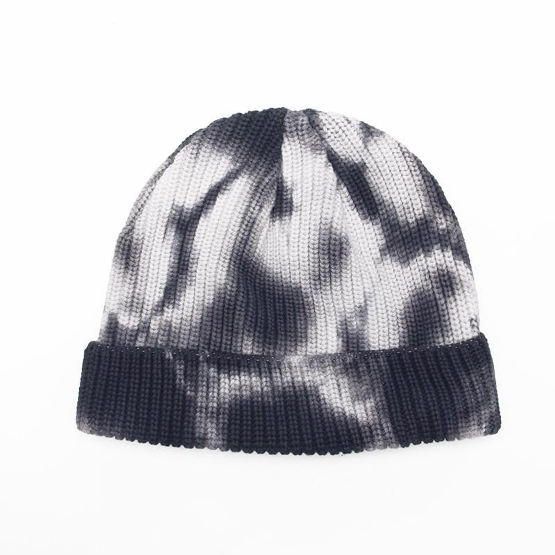 Unisex Autumn Winter Tie-Dye Ribbed Knitted Hat Soft Cuffed Short Melon Cap Men Women Sailor Style Beanie Hat: Black