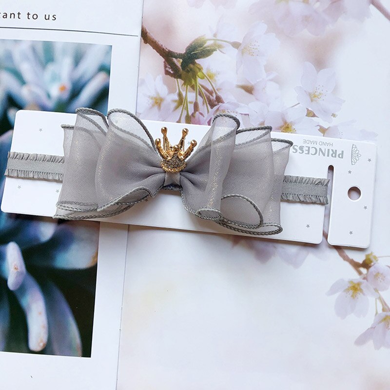 Baby Girls Bowknot Crown Headband Kids Lace Elastic Princess Hair Band Colorful Pompom Baby Hair Accessories: style1 gray