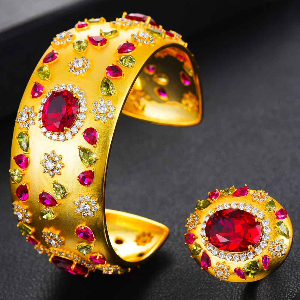Godki big luxury 3pc armbånd ring øreringe sæt til kvinder bryllup brude cubic zirconia dubai fest smykker boho: 2pc røde sæt
