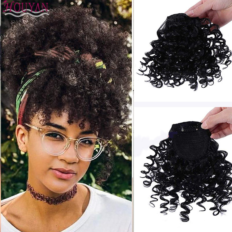 Afro Curly Fringe Clips In Bangs High Temperature Fiber Hairpieces Natural Black Synthetic Hair Extensions HOUYAN