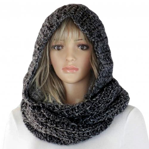 Autumn Winter Women Outdoor Thick Warm Keeping Solid Color Knitted Hooded scarves women: Black