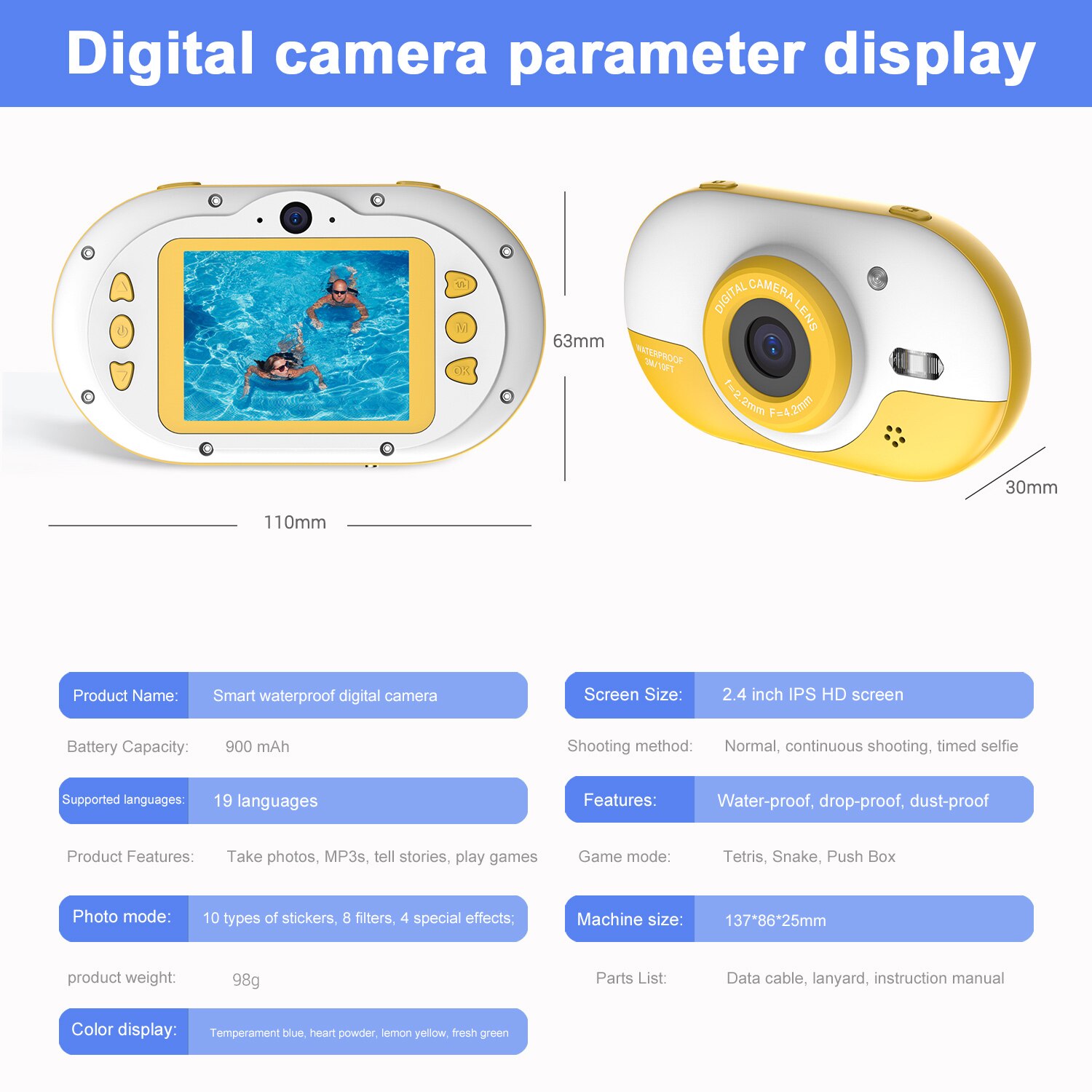 Cámara Digital de 8MP para niños impermeable con cámaras duales delanteras y traseras pantalla IPS HD de 2,4 pulgadas autodisparador de fotos con un clic