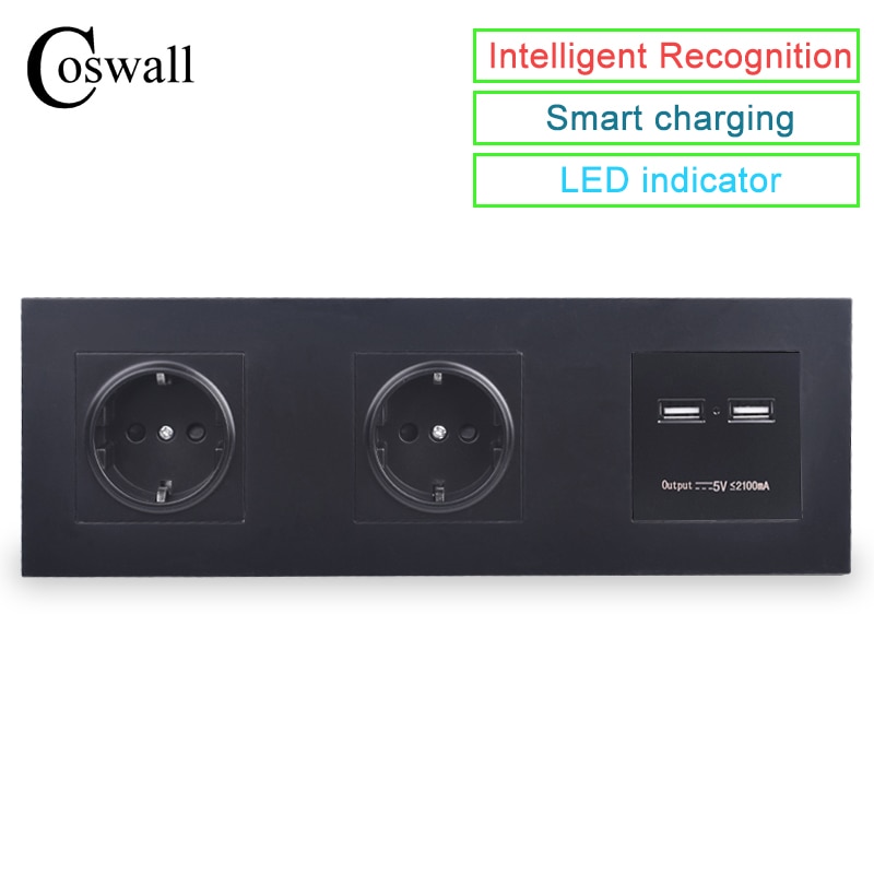 Coswall vegg pc panel dobbel stikkontakt 16a eu stikkontakt dual usb smart ladeport 5v 2a utgangsridder svart farge