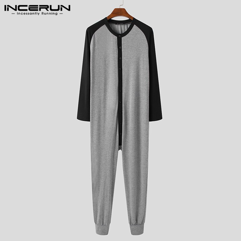 Man Long Sleeve O Neck Nightgown INCERUN Men Sleepwear Jumpsuits Leisure Patchwork Onesies Fitness Button Up Romper Homewear 5XL