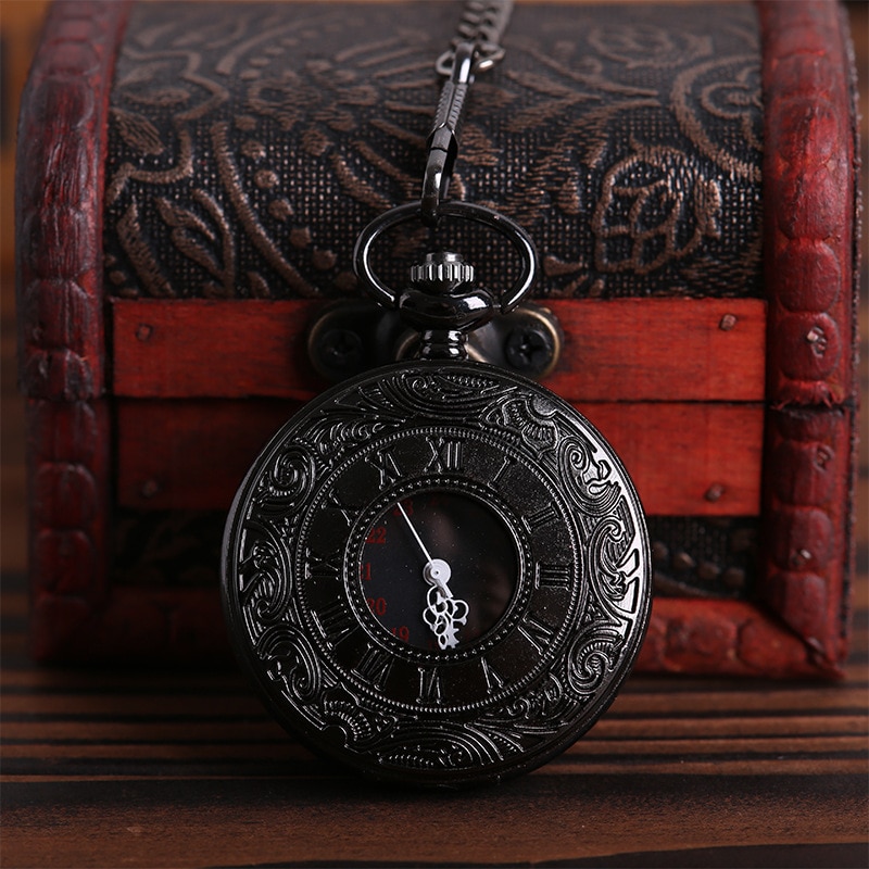 Antieke Stijl Romeinse Cijfers Zakhorloge Mannen Vrouwen Black Hollow Case Quartz Steampunk Vintage Hanger Ketting