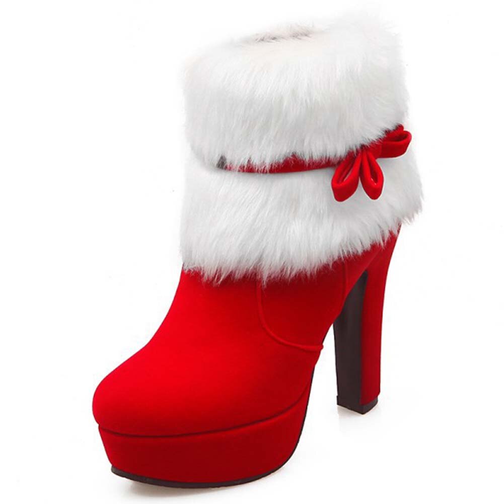 Nieuw Stijlvolle Vrouwelijke Schoenen Grote Maat 43 Platform Ronde Neus Korte Pluche Strik Ankel Spike Hakken Flock Sweet vrouwen Laarzen
