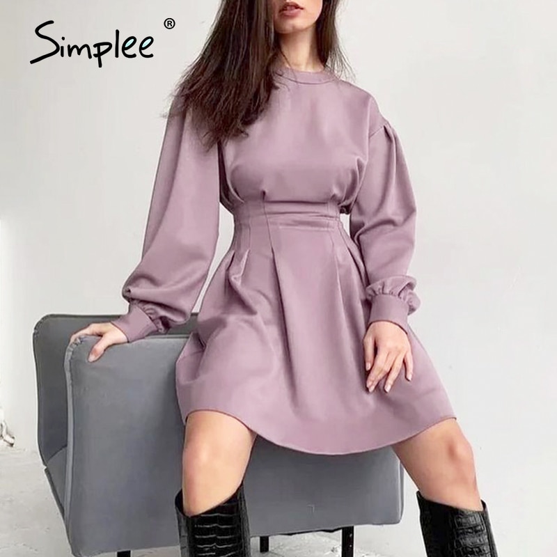 Simplee – robe courte plissée violette pour femme, vêtement féminin à manches bouffantes et à col rond, coupe ajustée, printemps