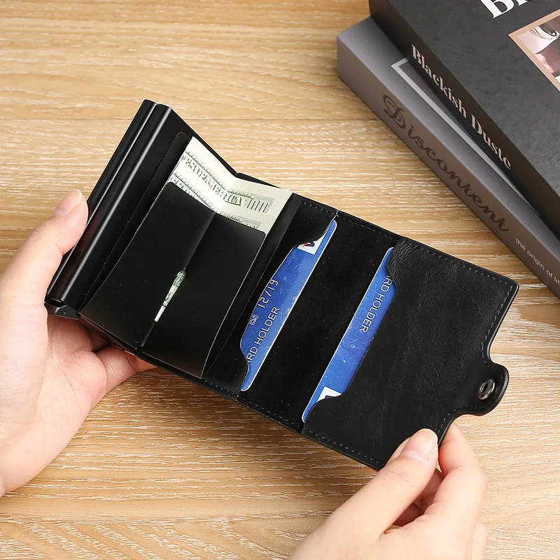 Carteras antirrobo para tarjetas de crédito para hombre, Mini billetera con 14 tarjeteros, caja de aluminio de cuero, bolso de Metal para hombre, 1 ud.