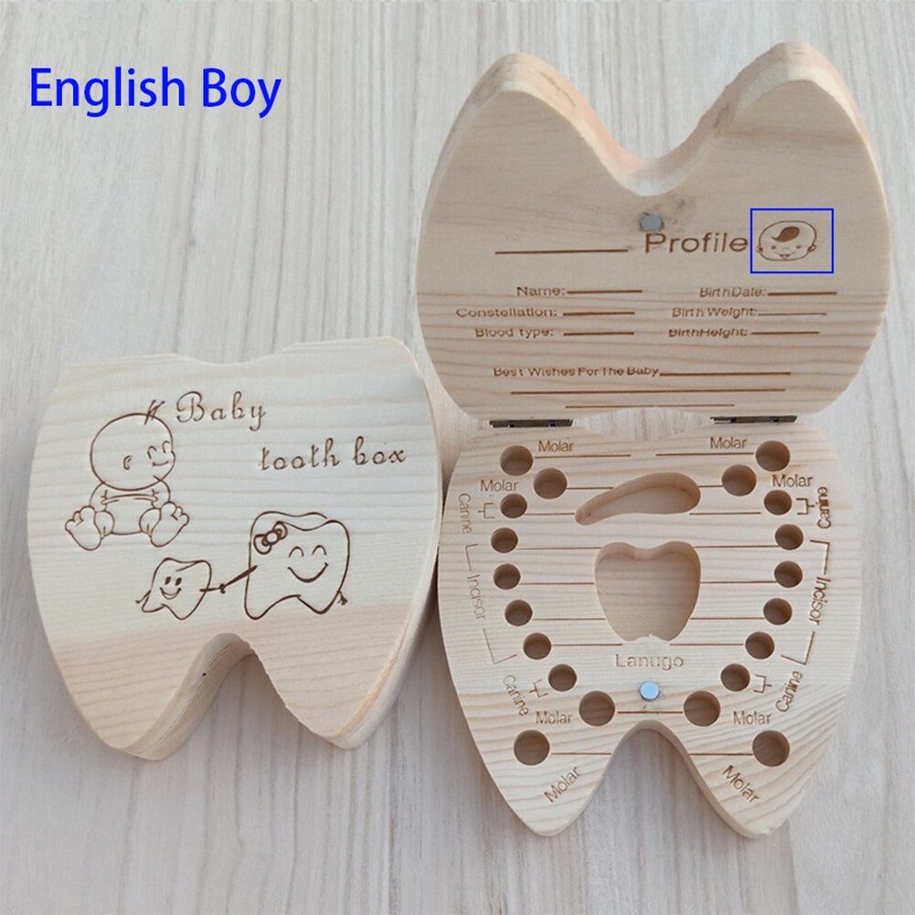 Engelska / spanska trä baby tandbox organisator mjölktänder lagring navelsträng lanugo spara samla baby souvenirer