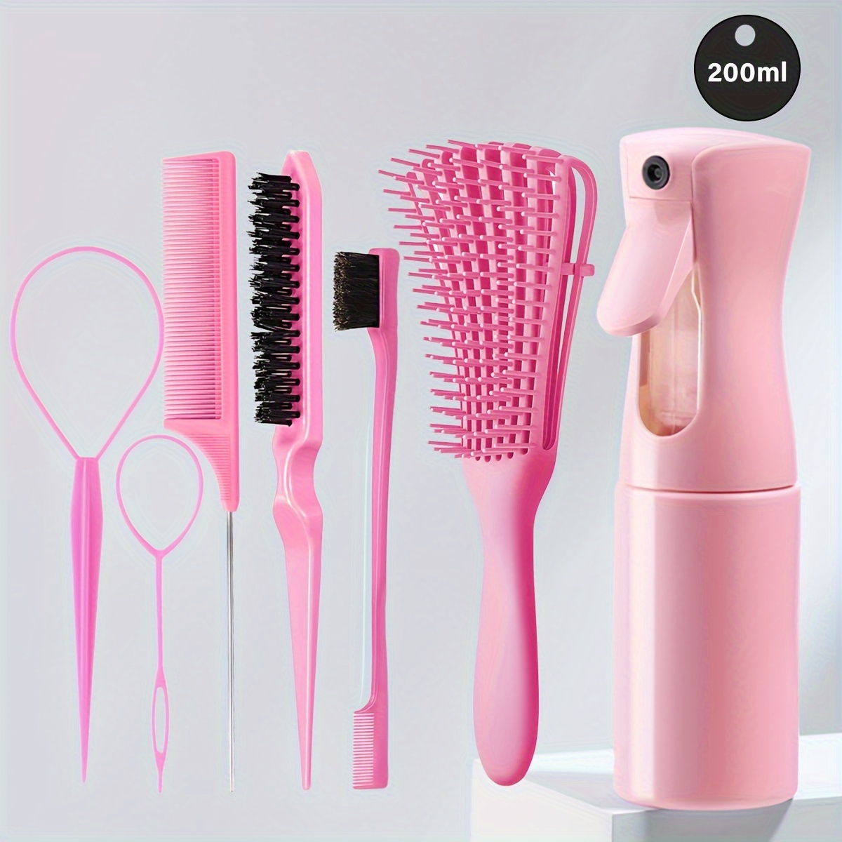 Juego de Herramientas de peinado para cabello rizado/Normal, Kit de cuidado del cabello sin perfume para adultos Unisex con peine cepillo desenredante de pulpo, 5 piezas: Rosa