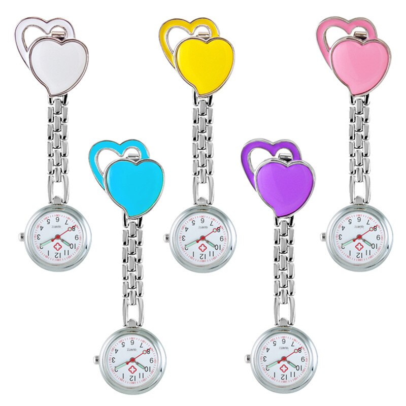 10 stuks/partij dubbele liefde hartvormige dames dames verpleegster zakhorloges kleine schattige quartz hanghorloges legering horloge