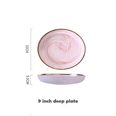 Plato cerámico rosa de mármol, 1 Uds., plato para comida, arroz, ensalada, fideos, Bol, sopa, plato de porcelana, juegos de vajilla, herramienta de cocina: 9 Inch Deep Plate