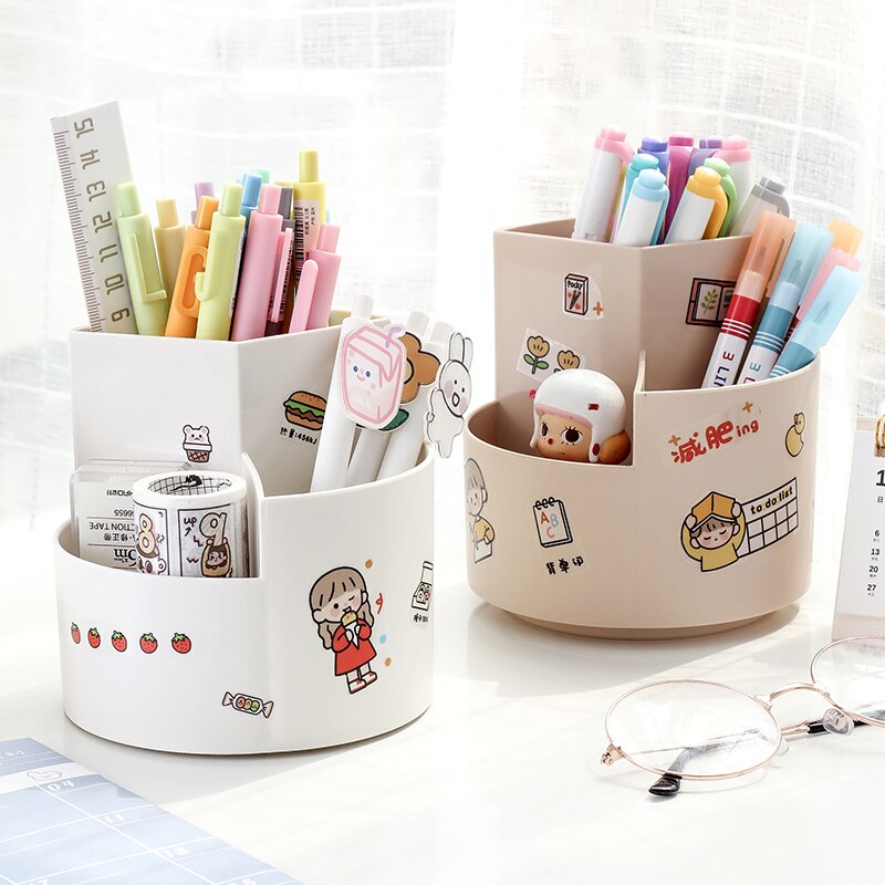 360 Degree Rotation Cute 3 Grid Drawer Desktop Storage Box Desk Organizer Holder Free Sticker School Office Stationery