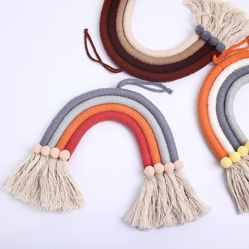Nordic Style Rainbow Tapestry Macrame Wall Hanging Ornaments Handmade Wall Tapestry Nursery Kids Baby Crib Bedroom Decor