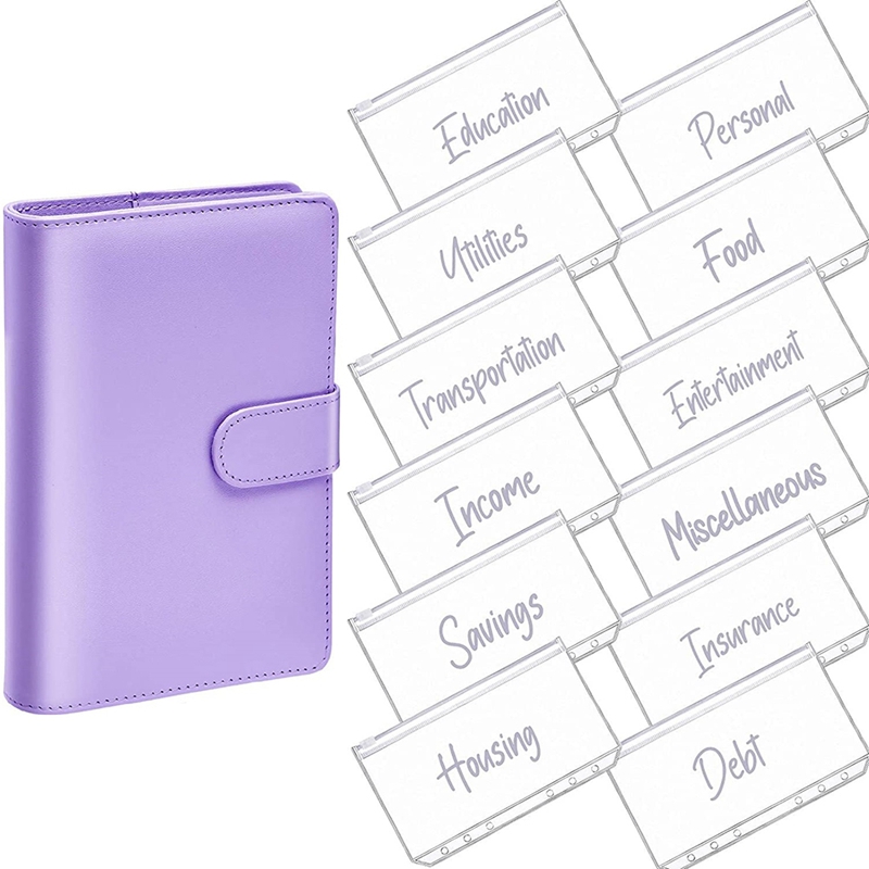 A6 PU Leather Notebook Magnetic Personal Planning Binder with 12 Binder Pockets Binder Zipper Folder for Bill Planner: Light Grey