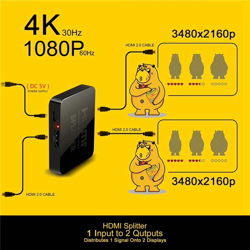 Full HD 4K HDMI Splitter Converter 1 In 2 Out Switcher Box Hub 3D 1080P for 360 PS3/4/5