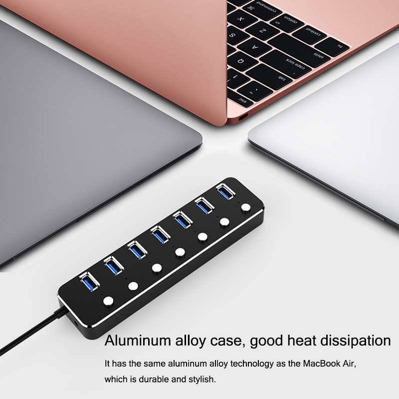 Aluminium 7-Port Usb 3.0 Hub 60/120Cm Kabel Sub-Schakelaar 5Gbps Led Indicator hub Oplaadbare Splitter Voor Multi Usb Apparaten
