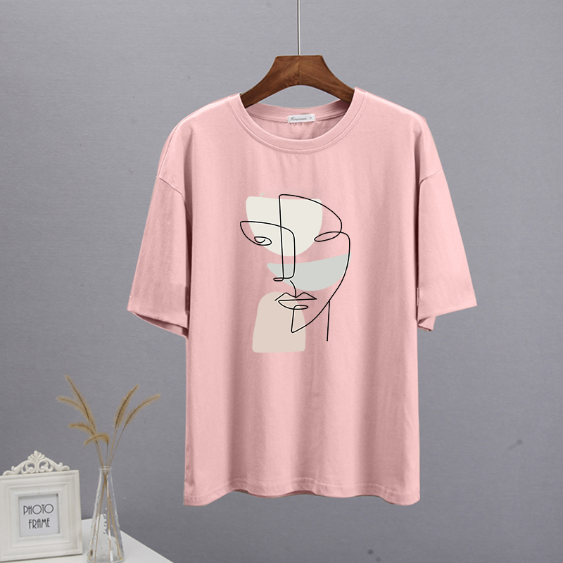 Hirsionsan abstrakt print t-shirt til kvinder sommer oversized 100%  bomuld t-shirts afslappet løs æstetisk t-shirt o-hals toppe: Xl / Fuchsia
