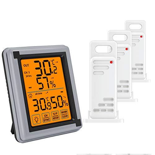Trådløst termometer digitalt hygrometer termometer indendørs udendørs med 3 sensorer fugtighedsmonitor touchscreen baggrundsbelysning: Med 3 sensorer