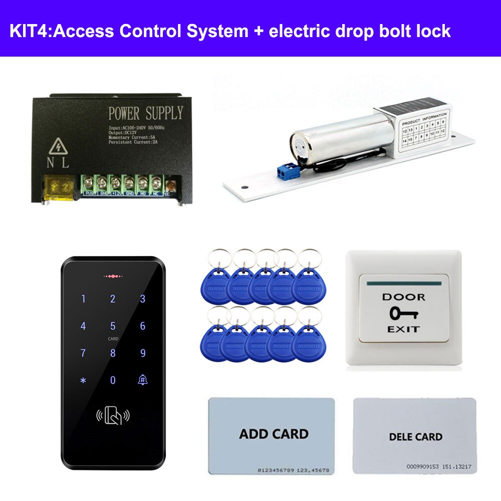 Diverse dør adgangskontrol system kit id tastatur adgangskontrol + strømforsyning + udgangsknap + elektriske dørlåse til kontor: Multi